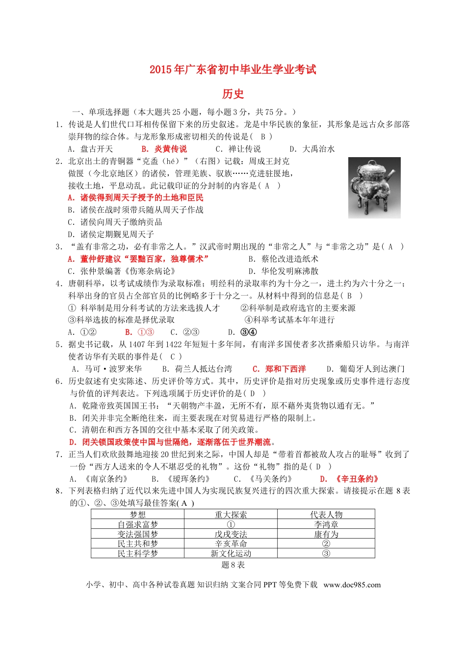 【中考历年真题】广东省2015年中考历史真题试题（含答案）.doc
