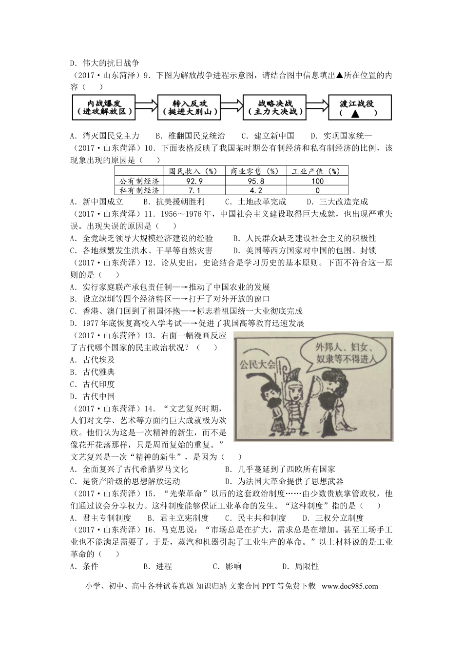 【中考历年真题】2017年菏泽市中考历史试题含答案.doc