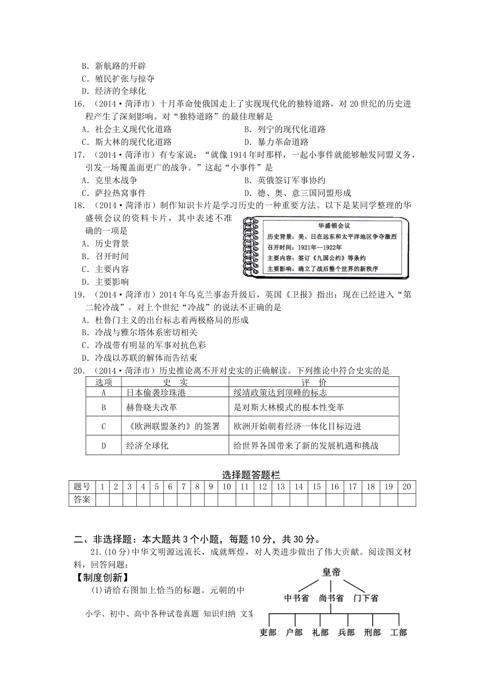 【中考历年真题】2014年菏泽市中考历史试题含答案.doc