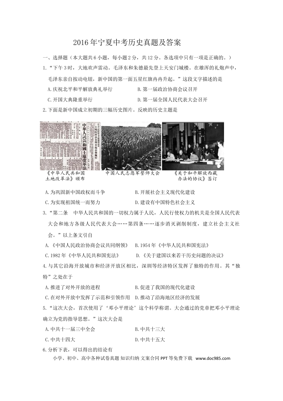 【中考历年真题】2016年宁夏中考历史真题及答案.doc