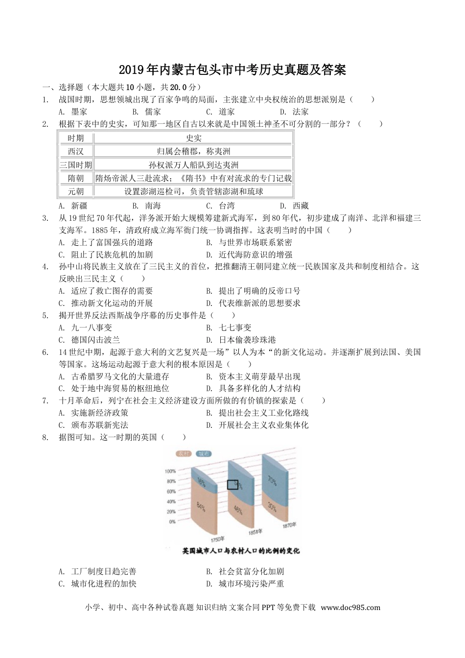 【中考历年真题】2019年内蒙古包头市中考历史真题及答案.doc