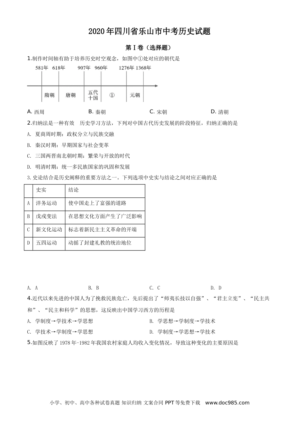 【中考历年真题】精品解析：四川省乐山市2020年中考历史试题（原卷版） (1).doc