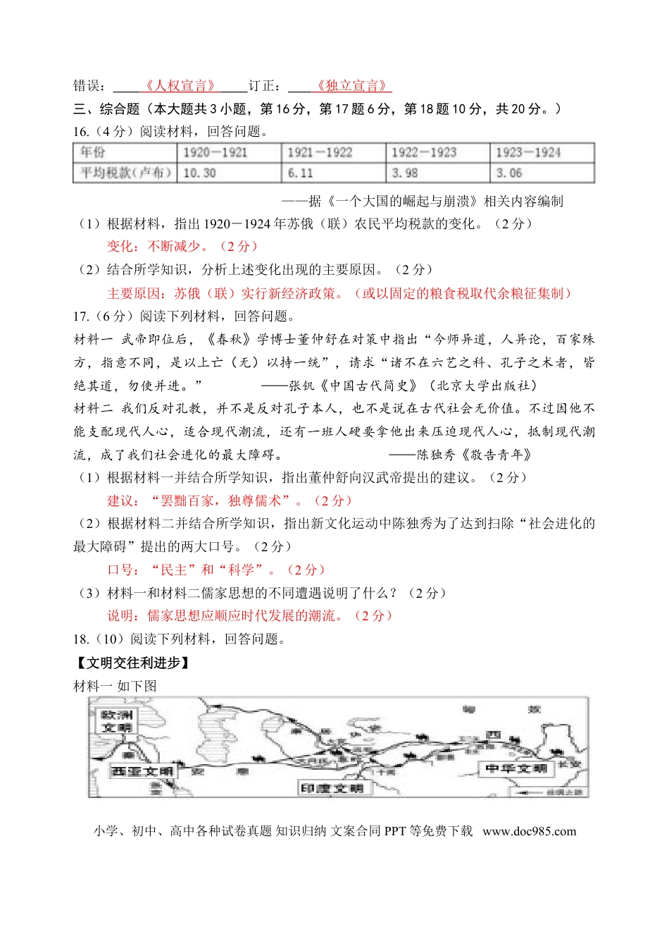 【中考历年真题】2016年江西省中考历史试卷及答案.doc