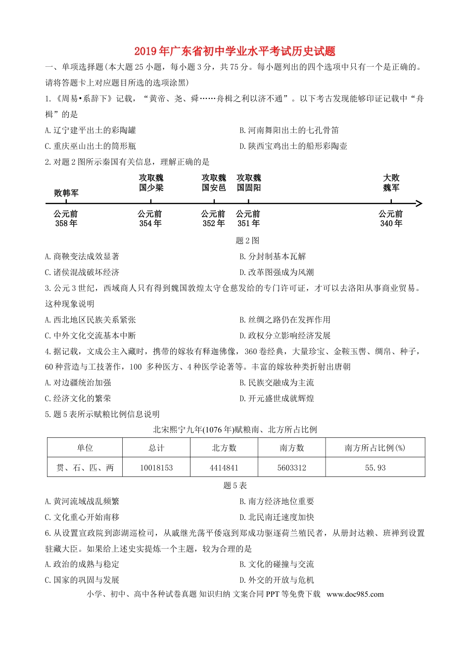 【中考历年真题】2019广东省历史中考试卷及参考答案.doc