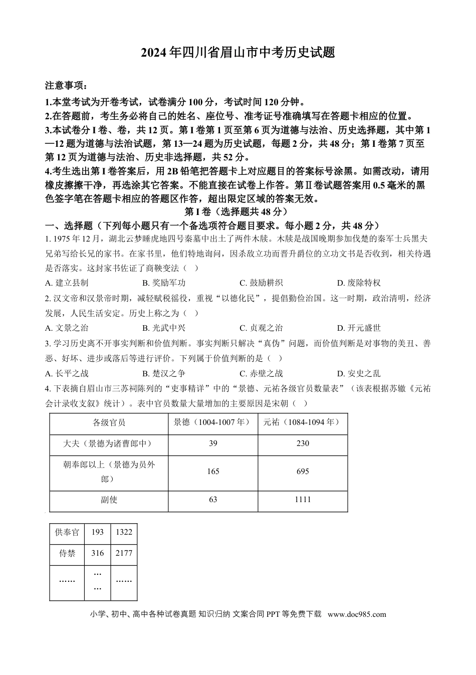 【中考历年真题】精品解析：2024年四川省眉山市中考文科综合试题-初中历史（原卷版）.docx