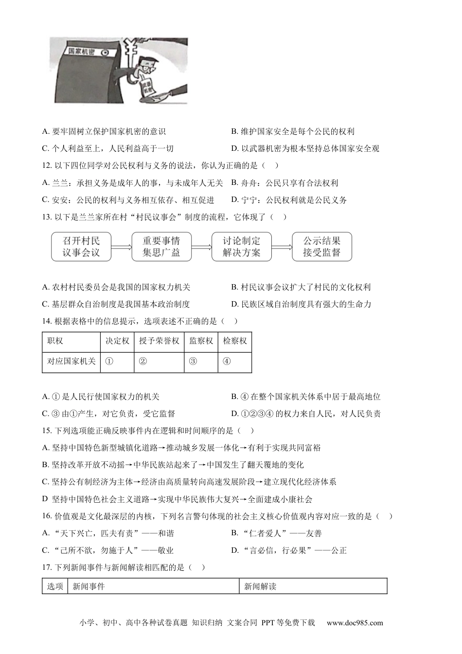 【中考历年真题】精品解析：2023年甘肃省兰州市中考道德与法治真题（原卷版）.docx