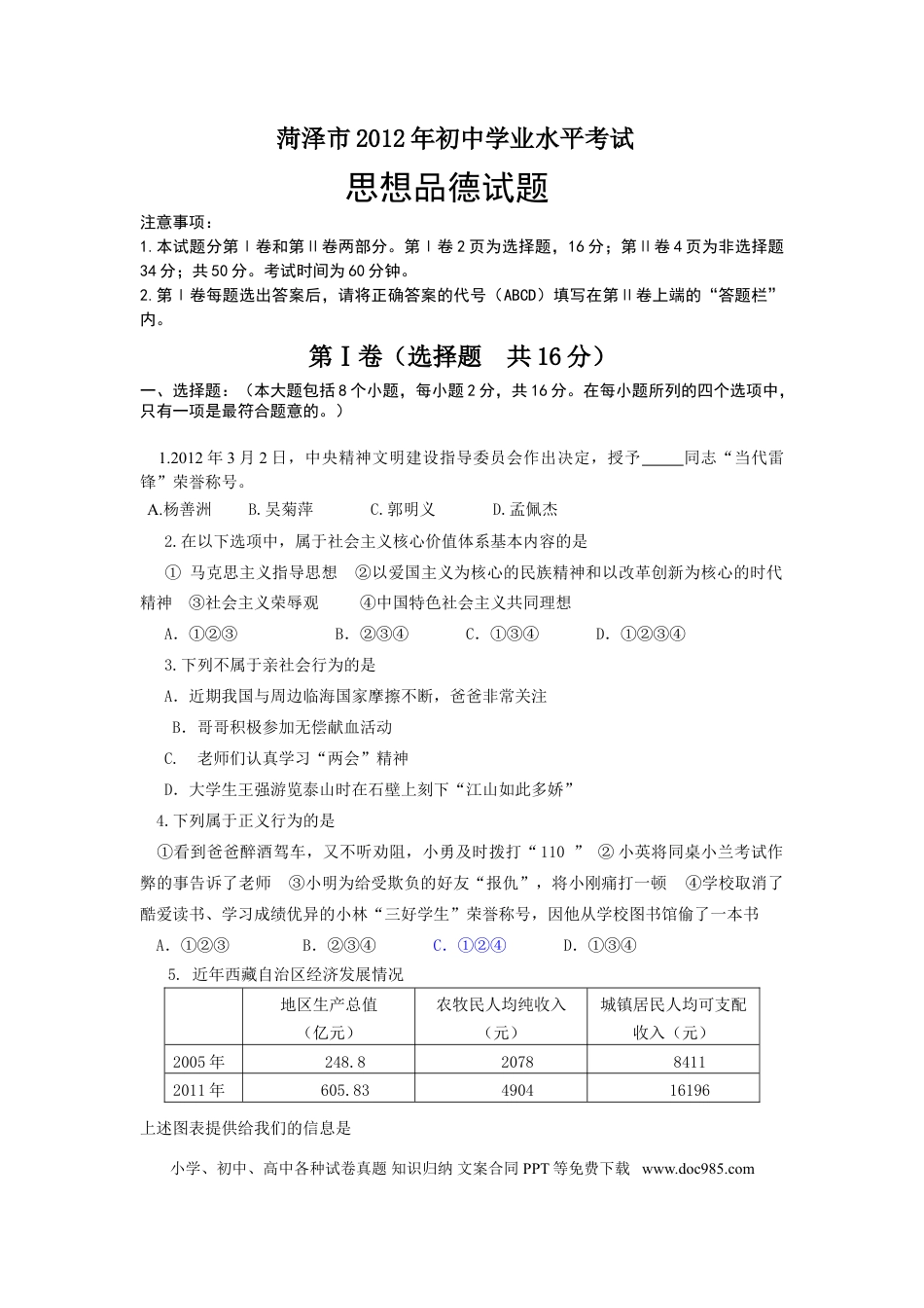 【中考历年真题】2012年菏泽市思想品德试题及答案.doc