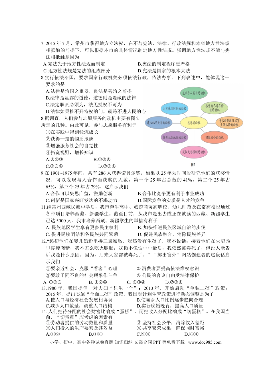 【中考历年真题】2016常州市中考思想品德试题与答案.doc