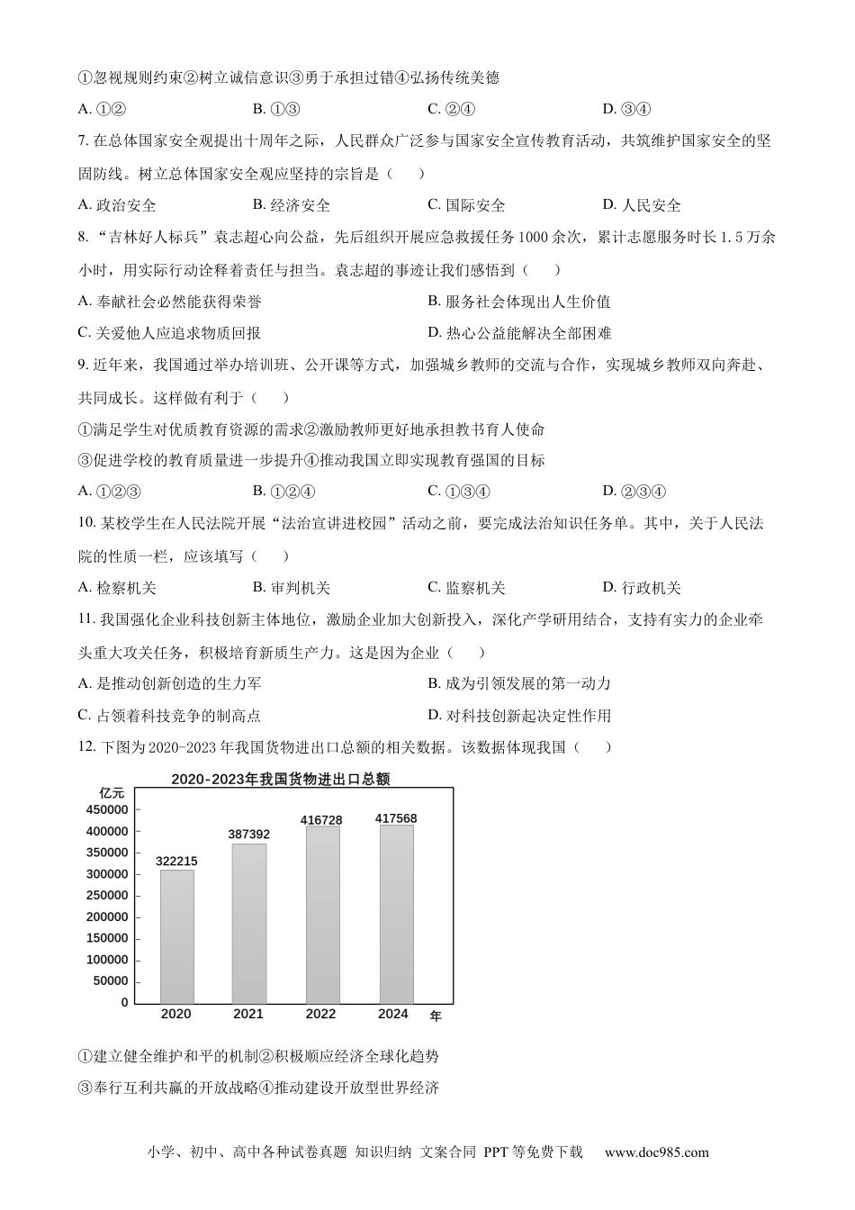 【中考历年真题】精品解析：2024年吉林省中考道德与法治真题（原卷版）.docx