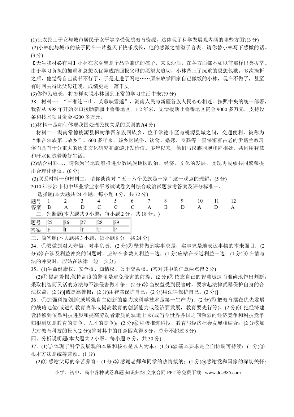 【中考历年真题】2010长沙中考政治试卷及答案.doc