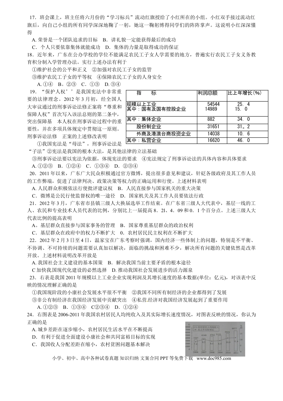 【中考历年真题】2012年广东省中考思想品德试卷和答案.doc