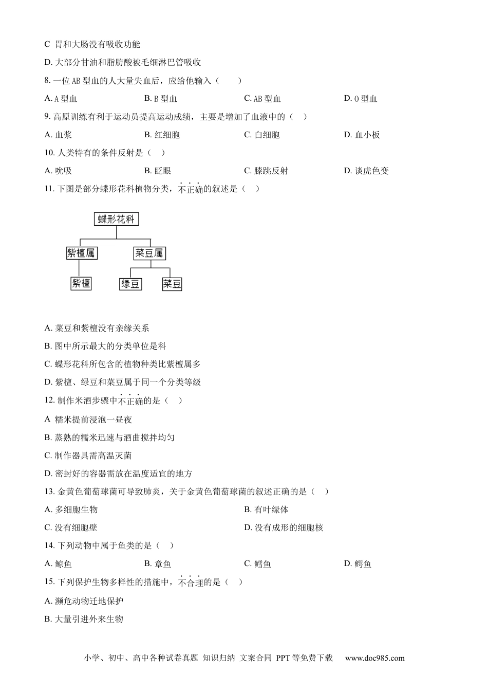 【中考历年真题】精品解析：2024年江苏省常州市生物中考真题（原卷版）.docx