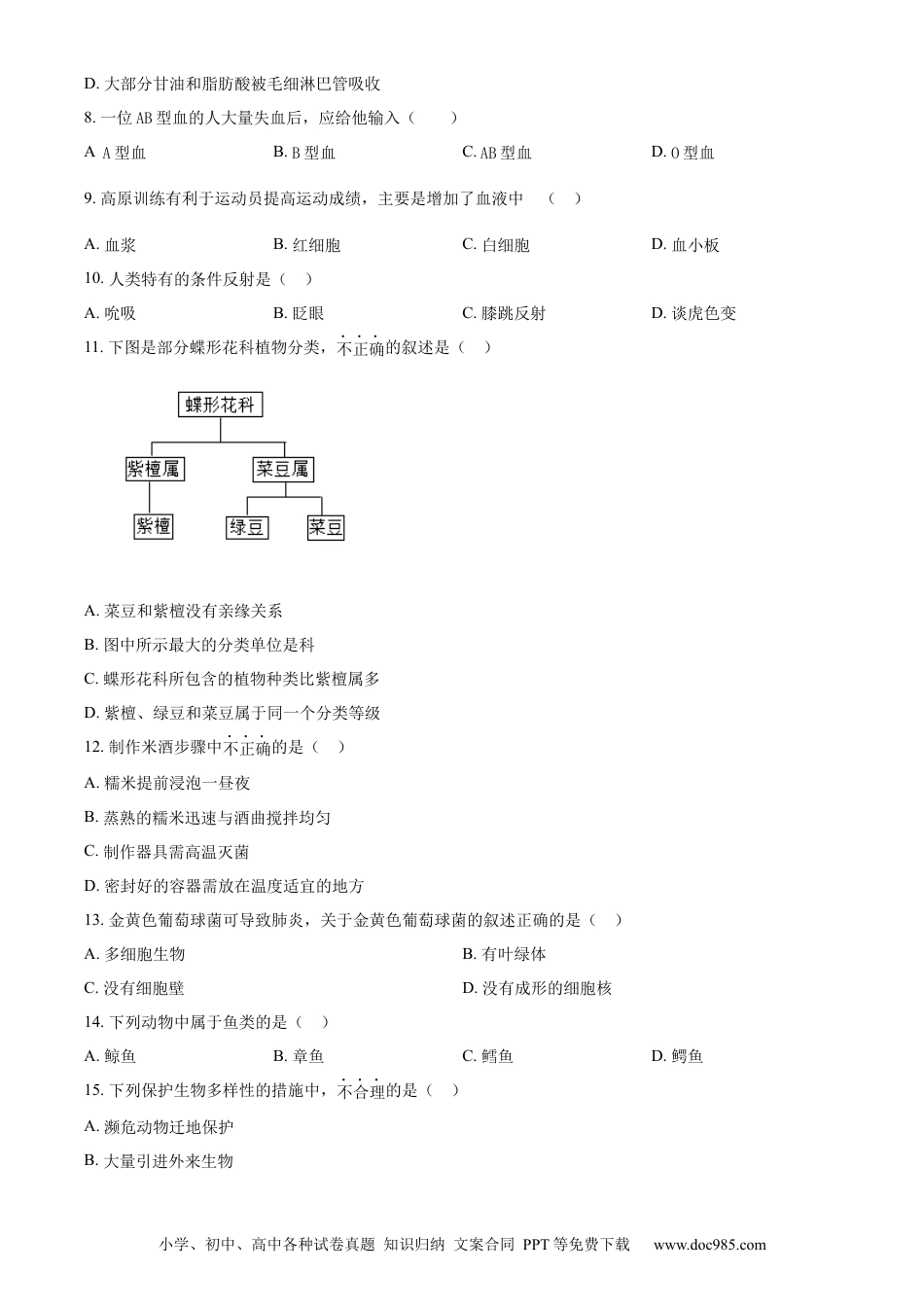 【中考历年真题】精品解析：2024年江苏省常州市生物中考真题（原卷版）(1).docx