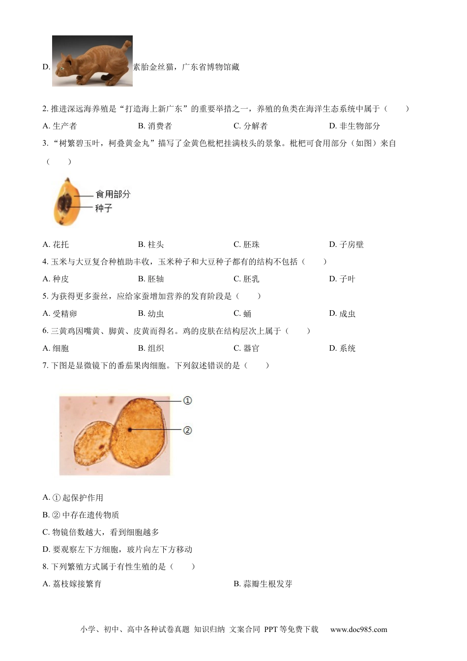 【中考历年真题】精品解析：2024年广东省中考生物真题（原卷版）.docx
