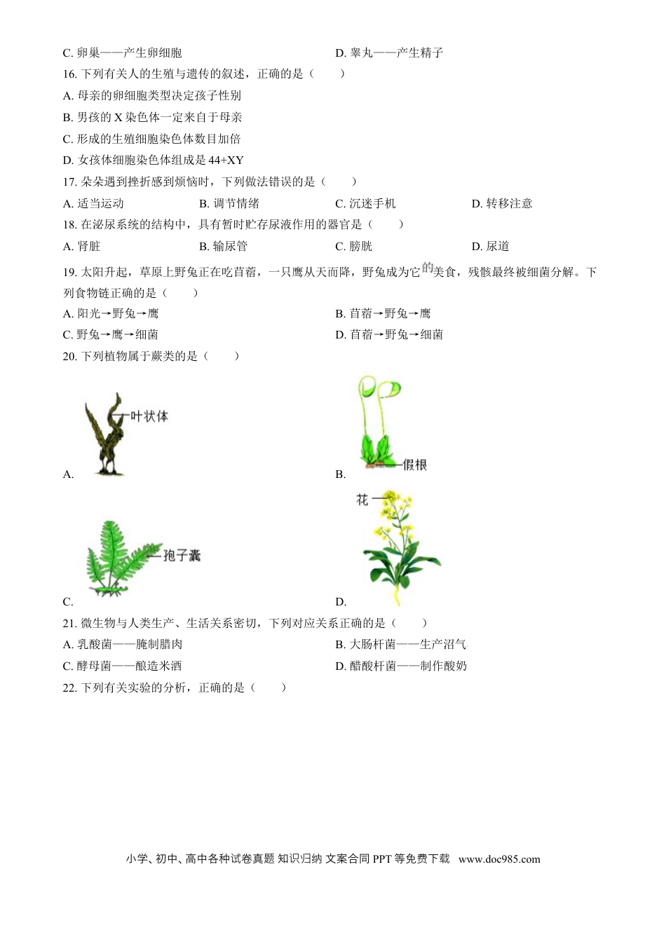 【中考历年真题】精品解析：2024年福建省中考生物试题（原卷版）.docx