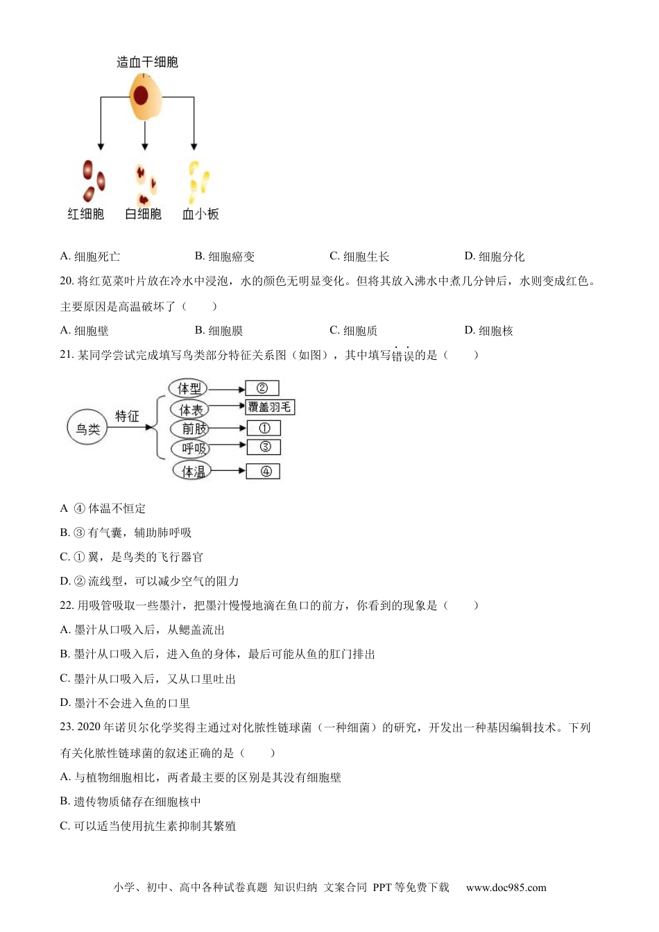 【中考历年真题】精品解析：2023年江苏省无锡市学考生物真题（原卷版）.docx