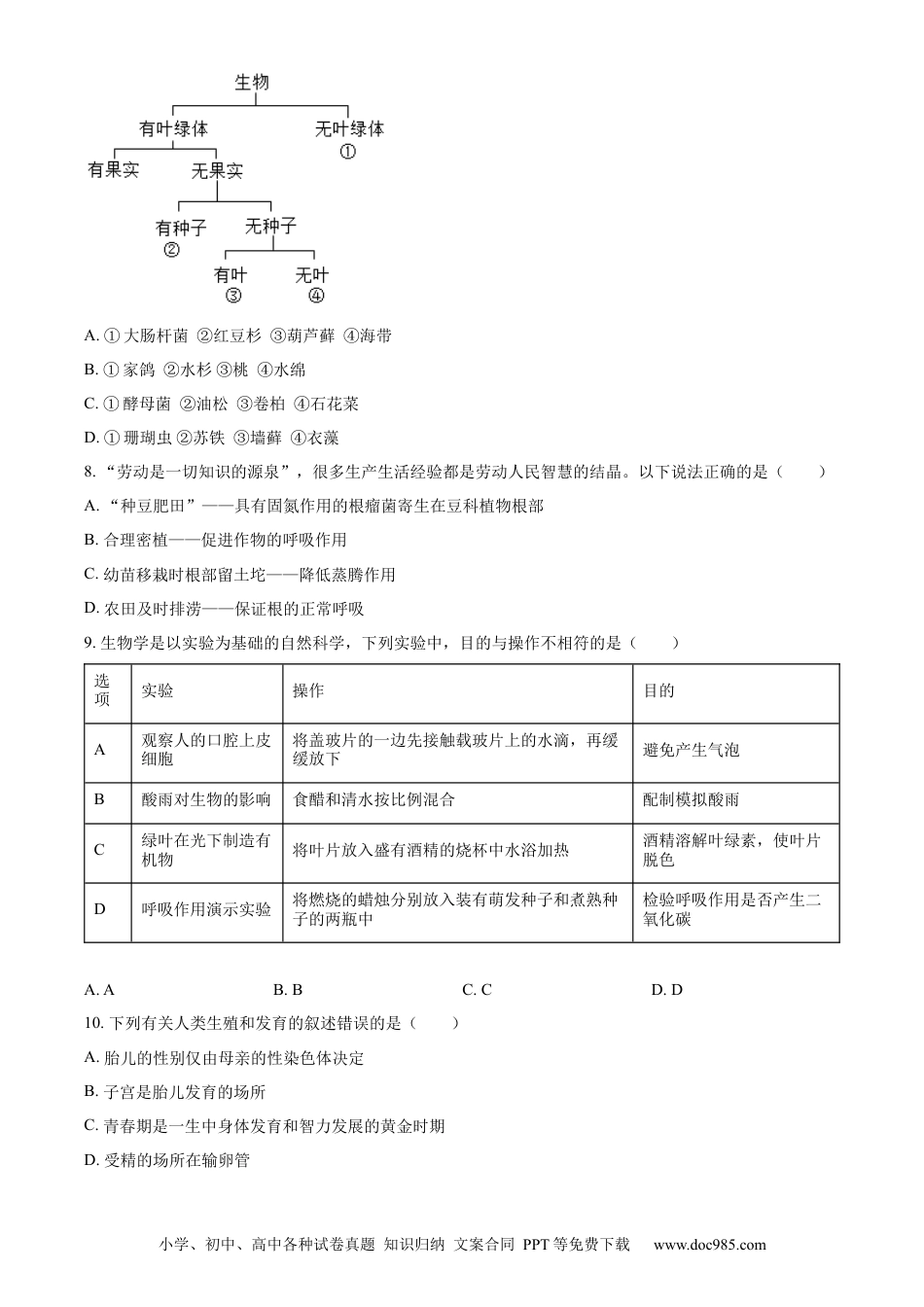 【中考历年真题】精品解析：2023年湖南省邵阳市中考生物真题（原卷版）.docx