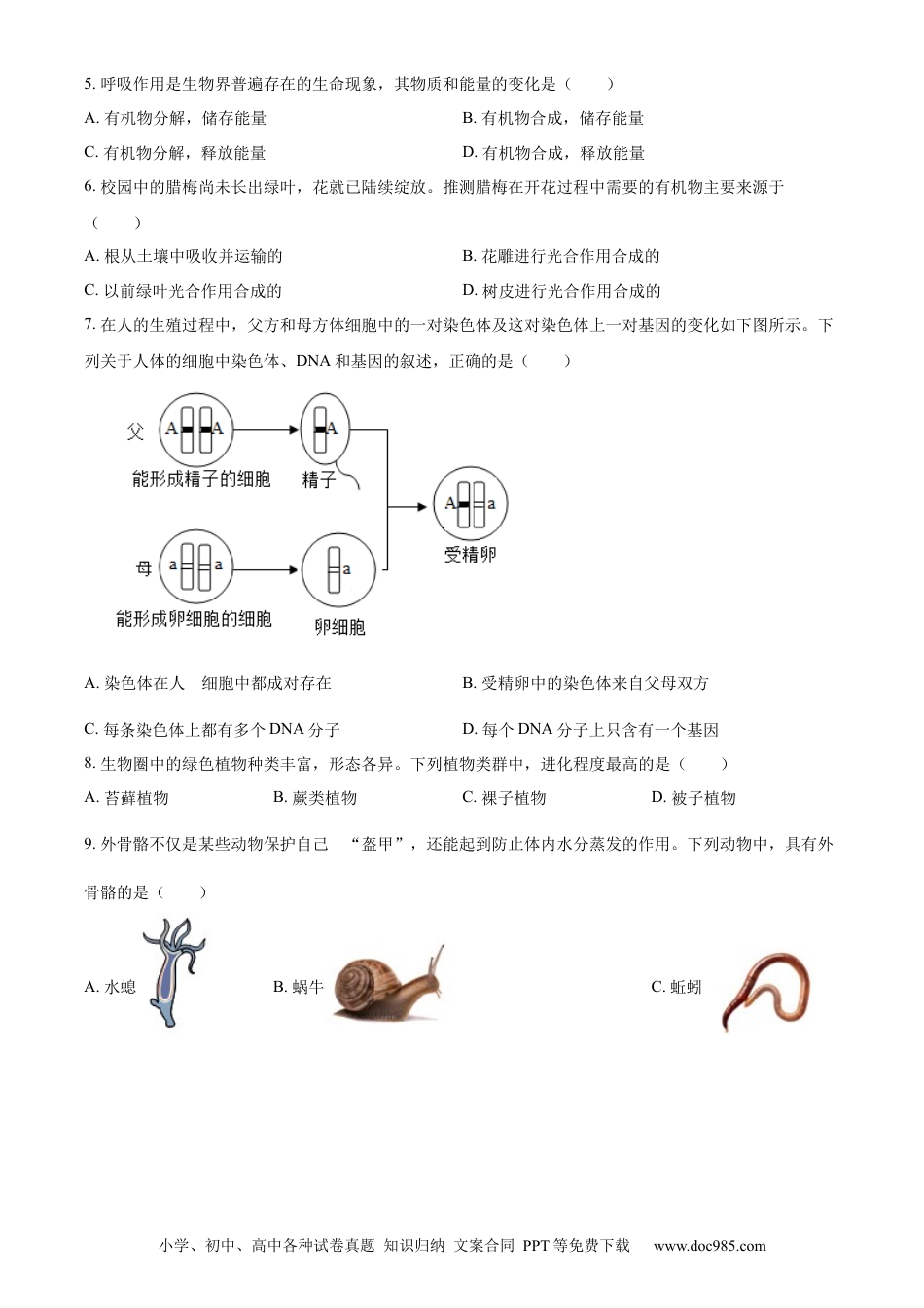 【中考历年真题】精品解析：2023年安徽省中考生物真题（原卷版）.docx