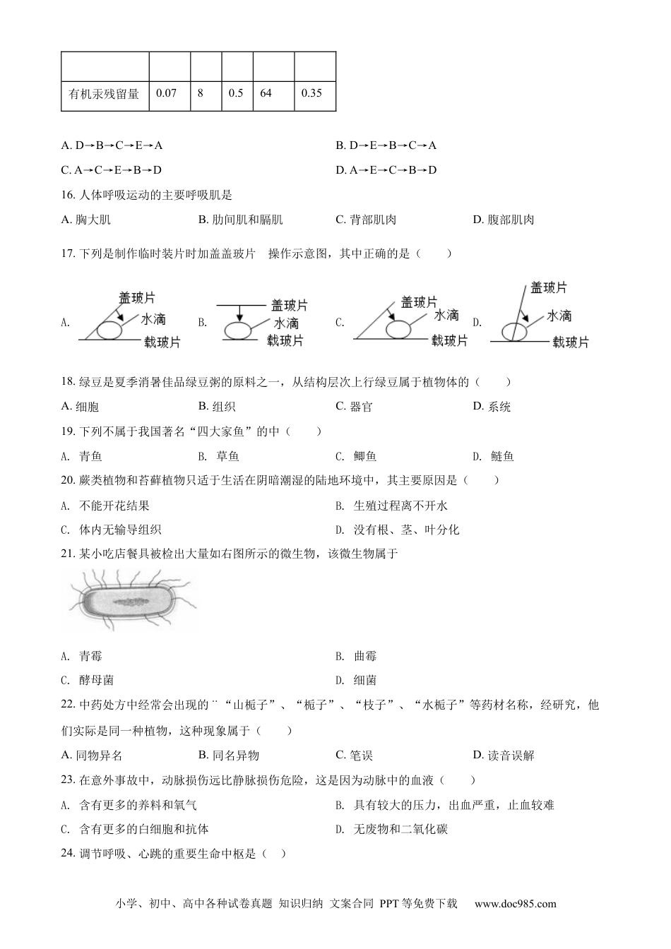 【中考历年真题】精品解析：2022年江苏省无锡市初中学业水平考查生物试题（原卷版）.docx