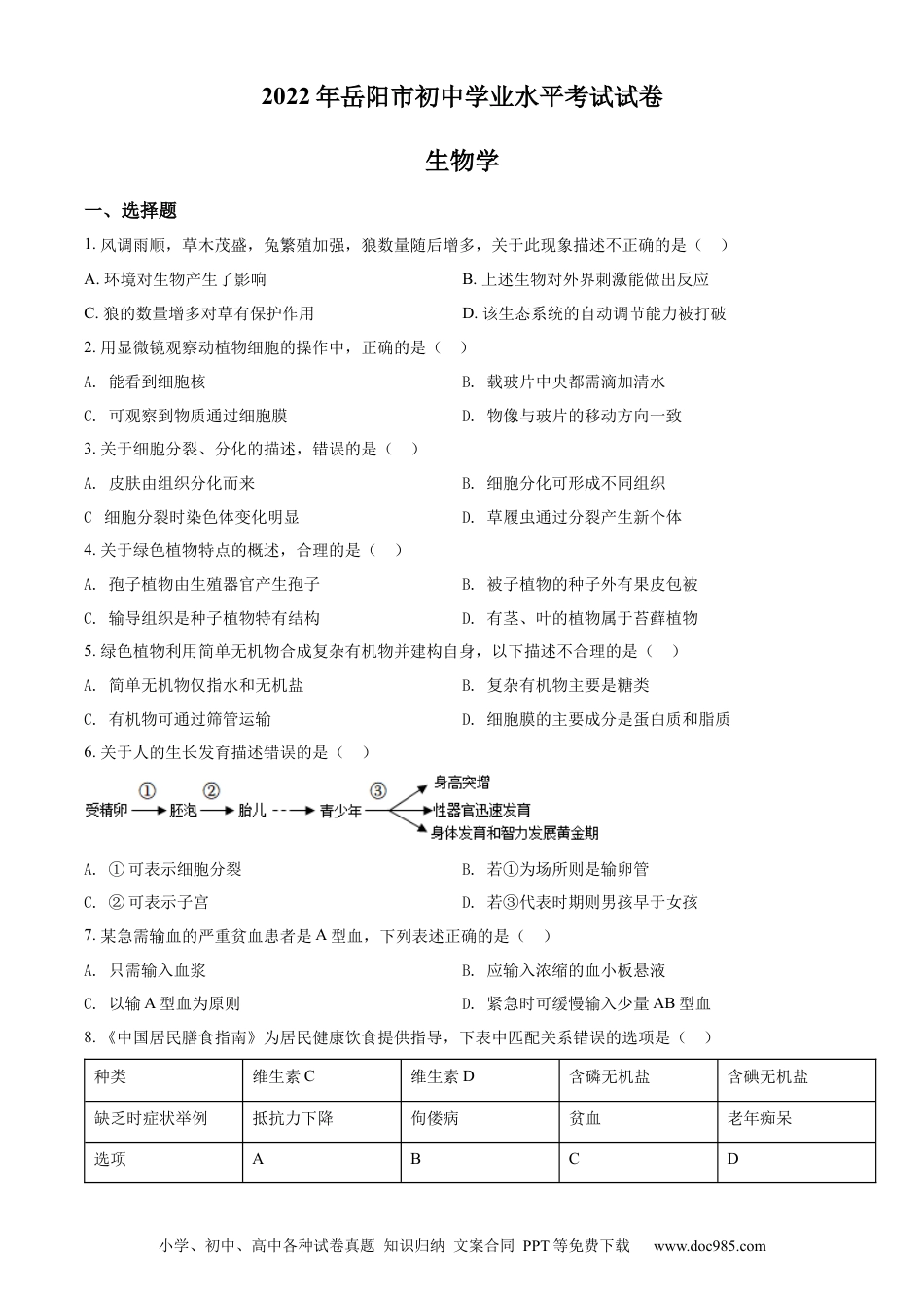 【中考历年真题】精品解析：2022年湖南省岳阳市中考生物真题（原卷版）.docx