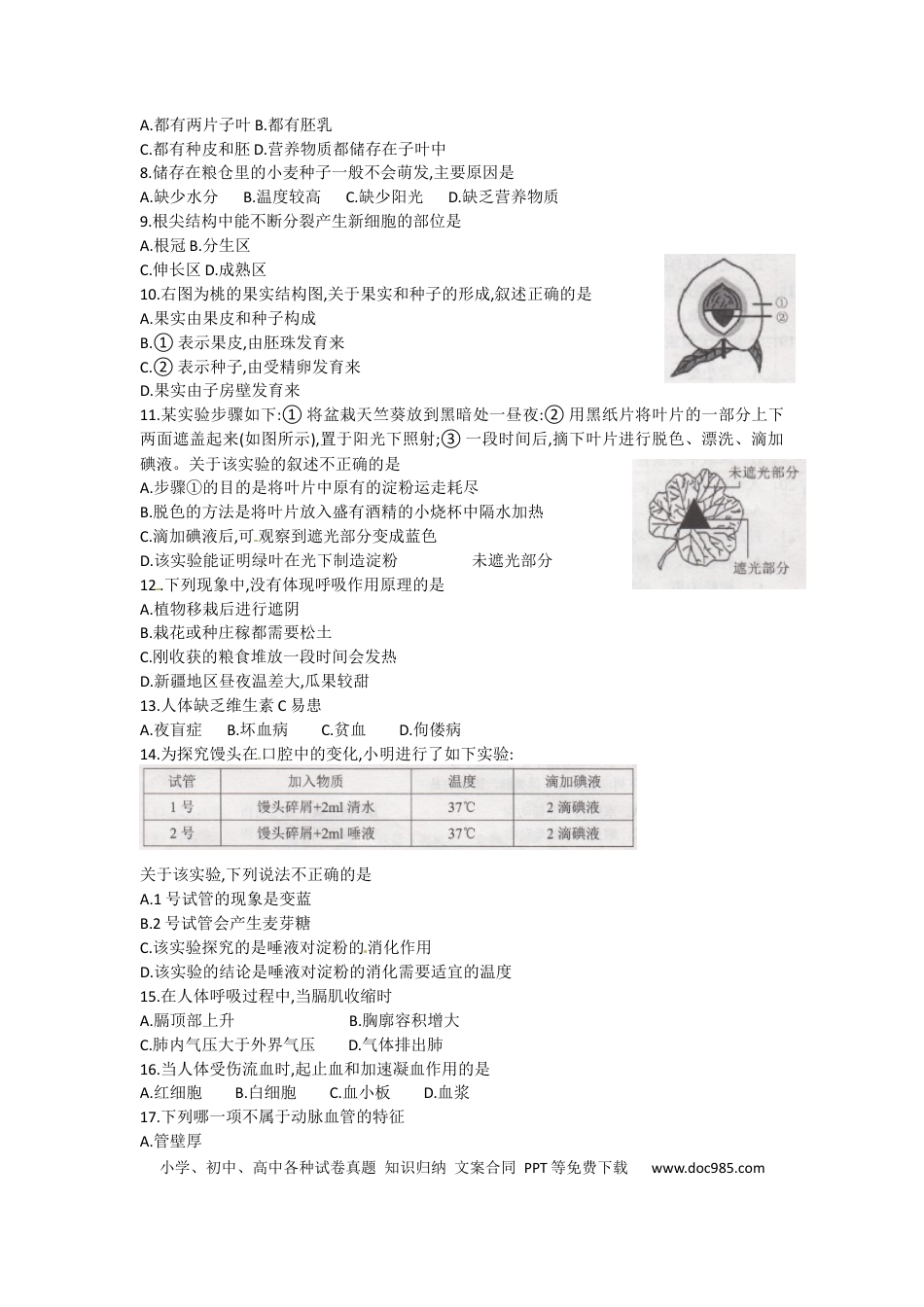 【中考历年真题】云南省2016年中考生物试题（word版，含答案）.docx