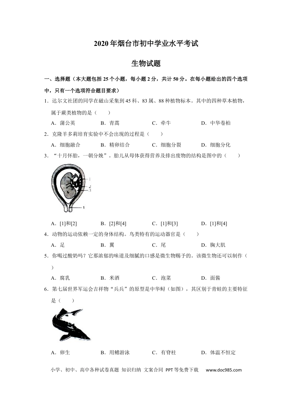 【中考历年真题】2020烟台市中考生物试题及答案(word版).docx