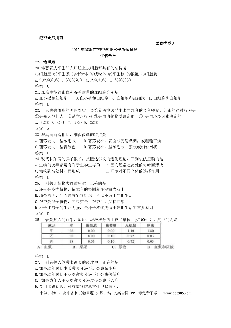 【中考历年真题】山东省临沂市2011年初中学业考试生物试题.docx