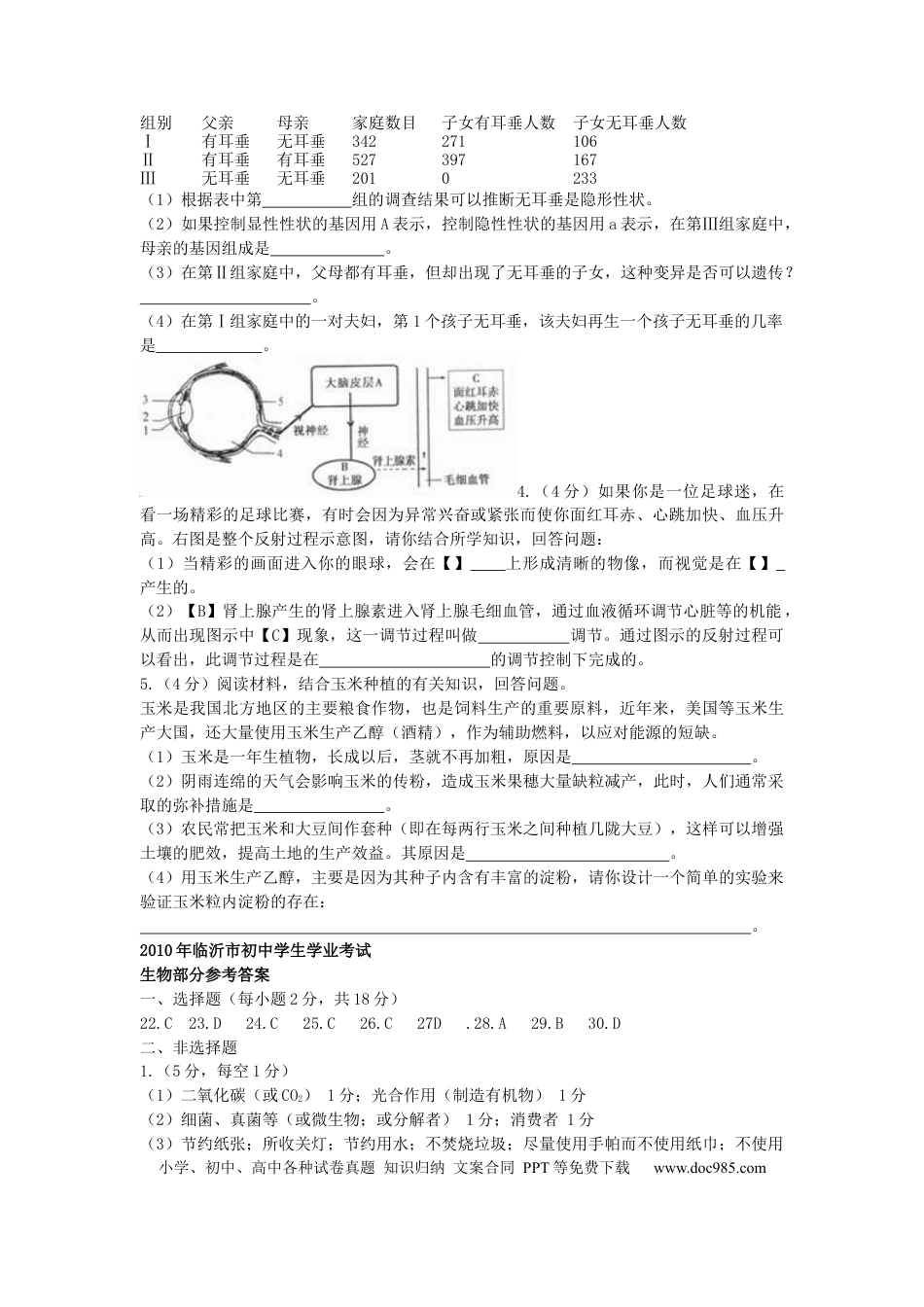 【中考历年真题】山东省临沂市2010年初中学业考试生物试题.docx