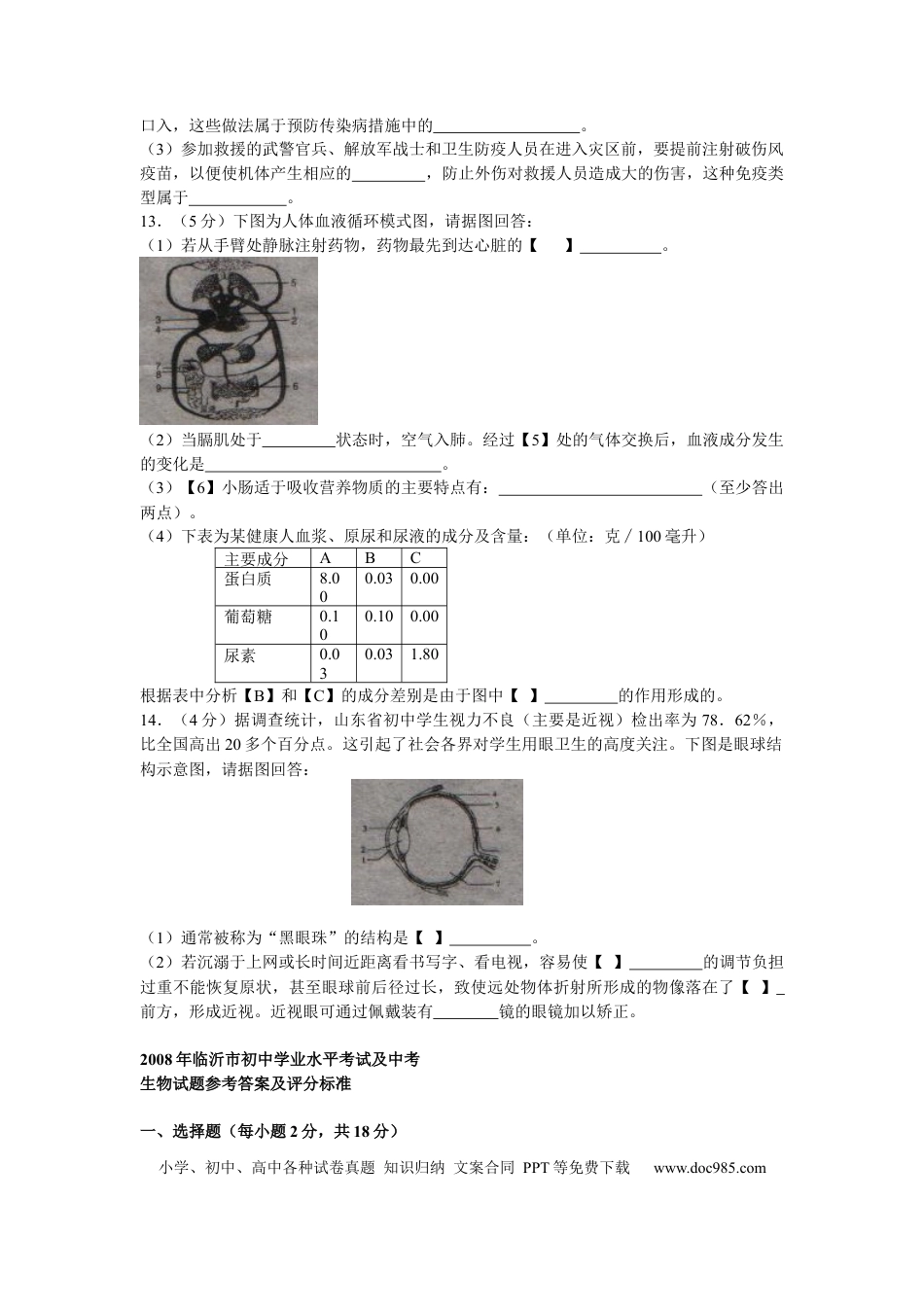 【中考历年真题】山东省临沂市2008年初中学业考试生物试题.docx