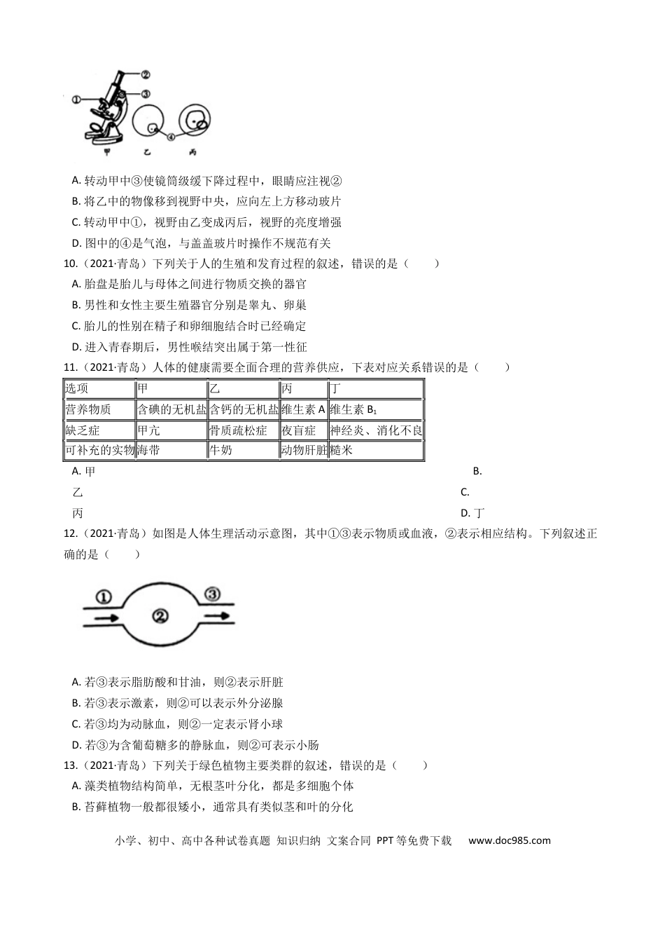 【中考历年真题】2021年山东青岛初中生物学业考试题及答案.docx
