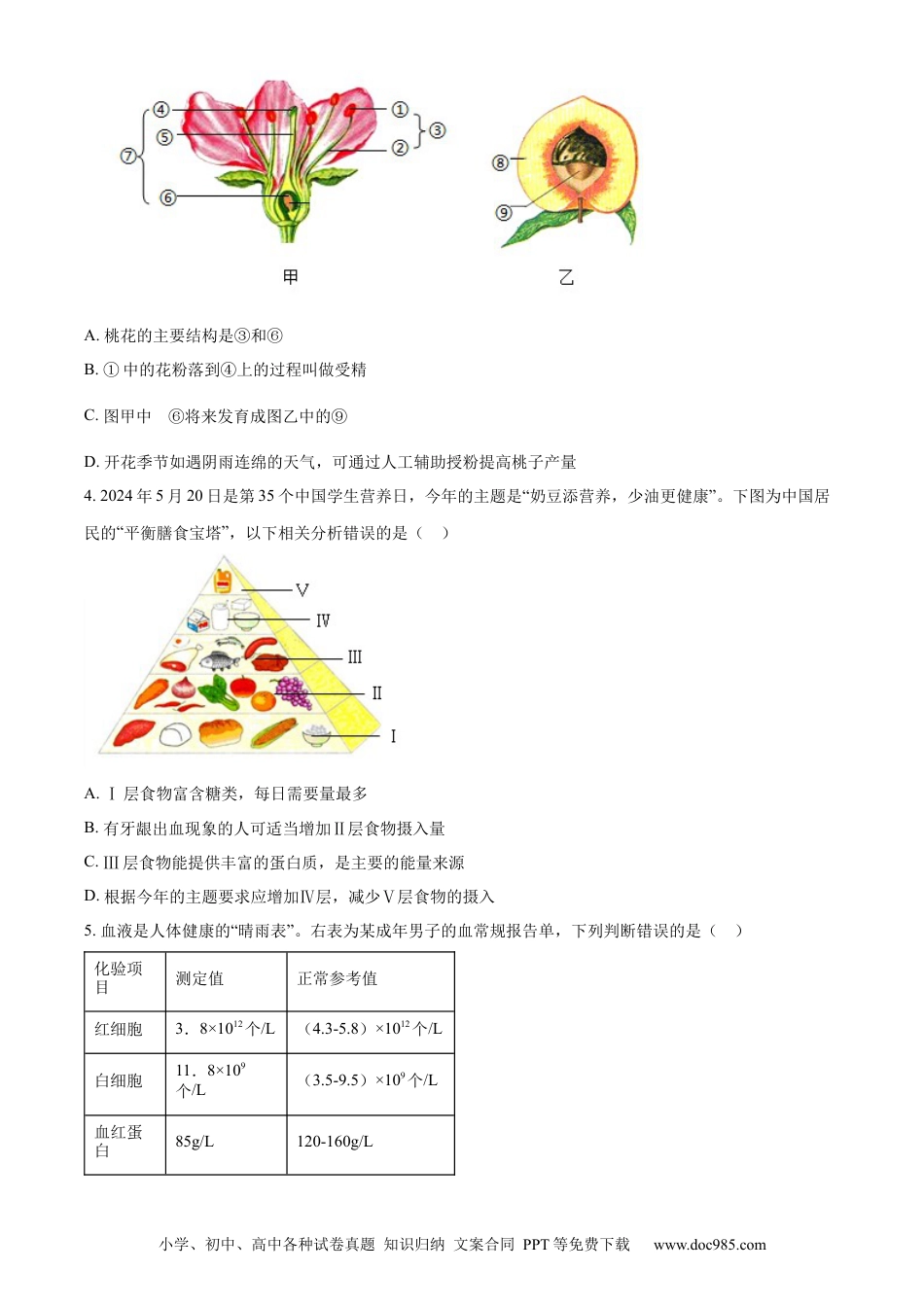 【中考历年真题】精品解析：2024四川省南充市中考生物真题（原卷版） (1).docx