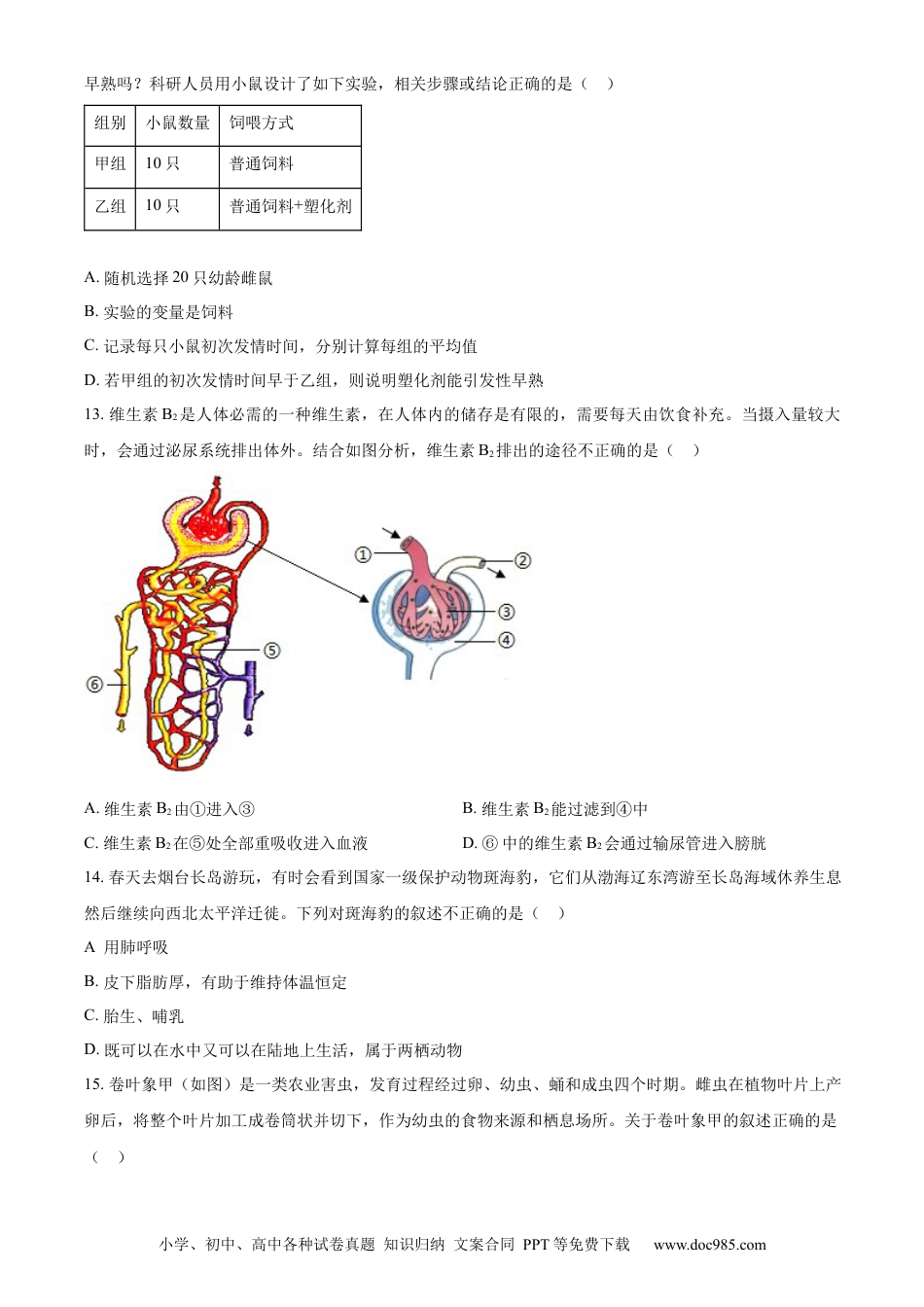 【中考历年真题】精品解析：2024年山东省烟台市中考生物试题（原卷版）.docx