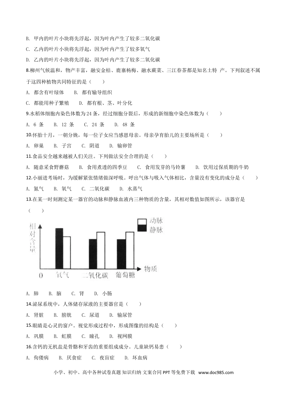 【中考历年真题】2018年广西省柳州市中考生物试题（空白卷）.doc