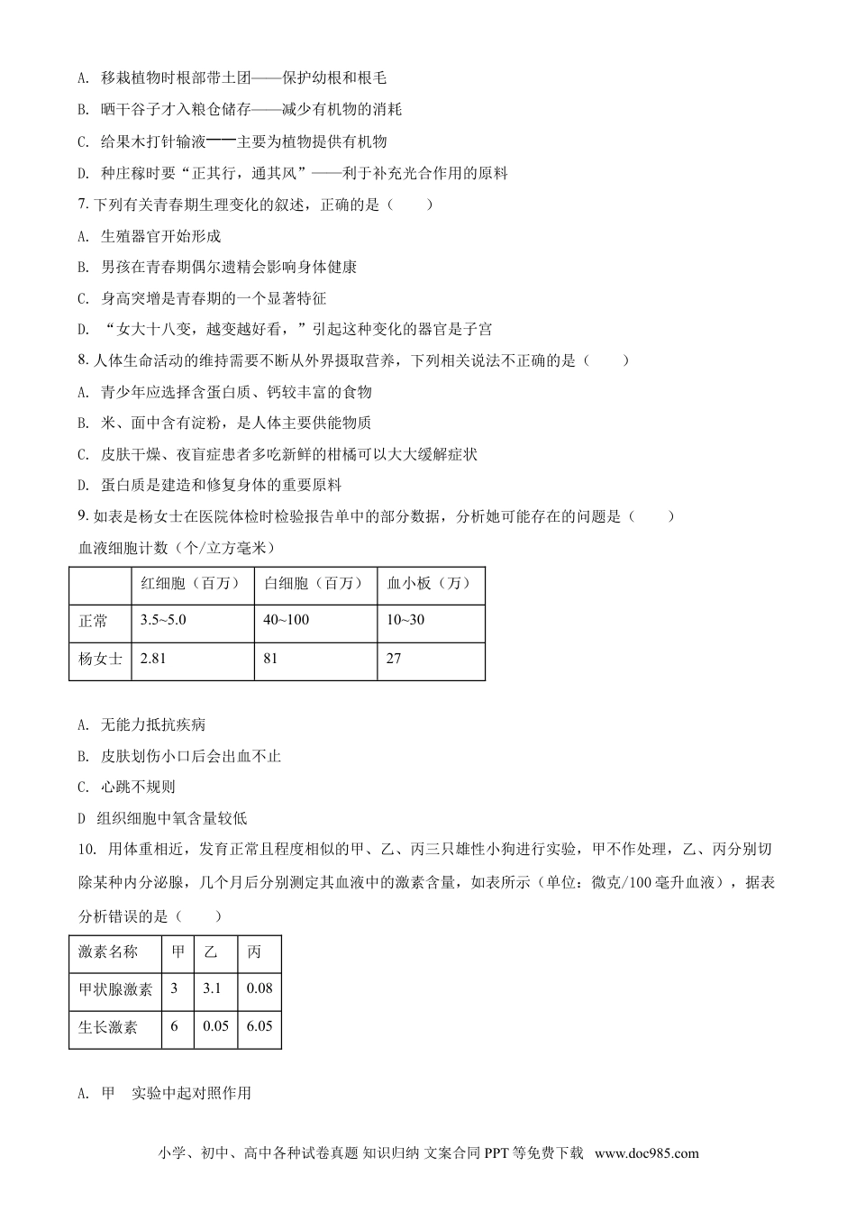 【中考历年真题】湖南省湘潭市2021年中考生物试题（原卷版）.doc