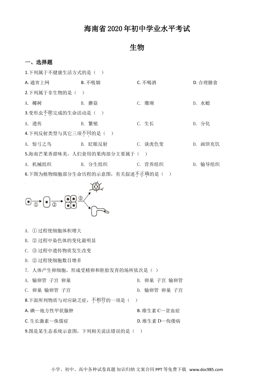 【中考历年真题】精品解析：海南省2020年中考生物试题（原卷版）.doc
