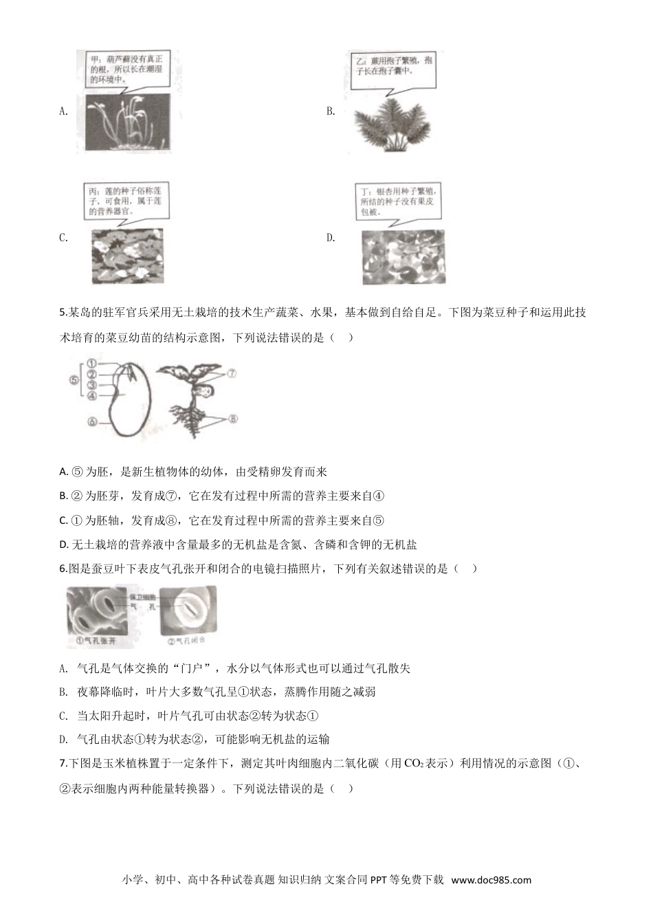 【中考历年真题】精品解析：湖南省张家界市2020年中考生物试题（原卷版）.doc