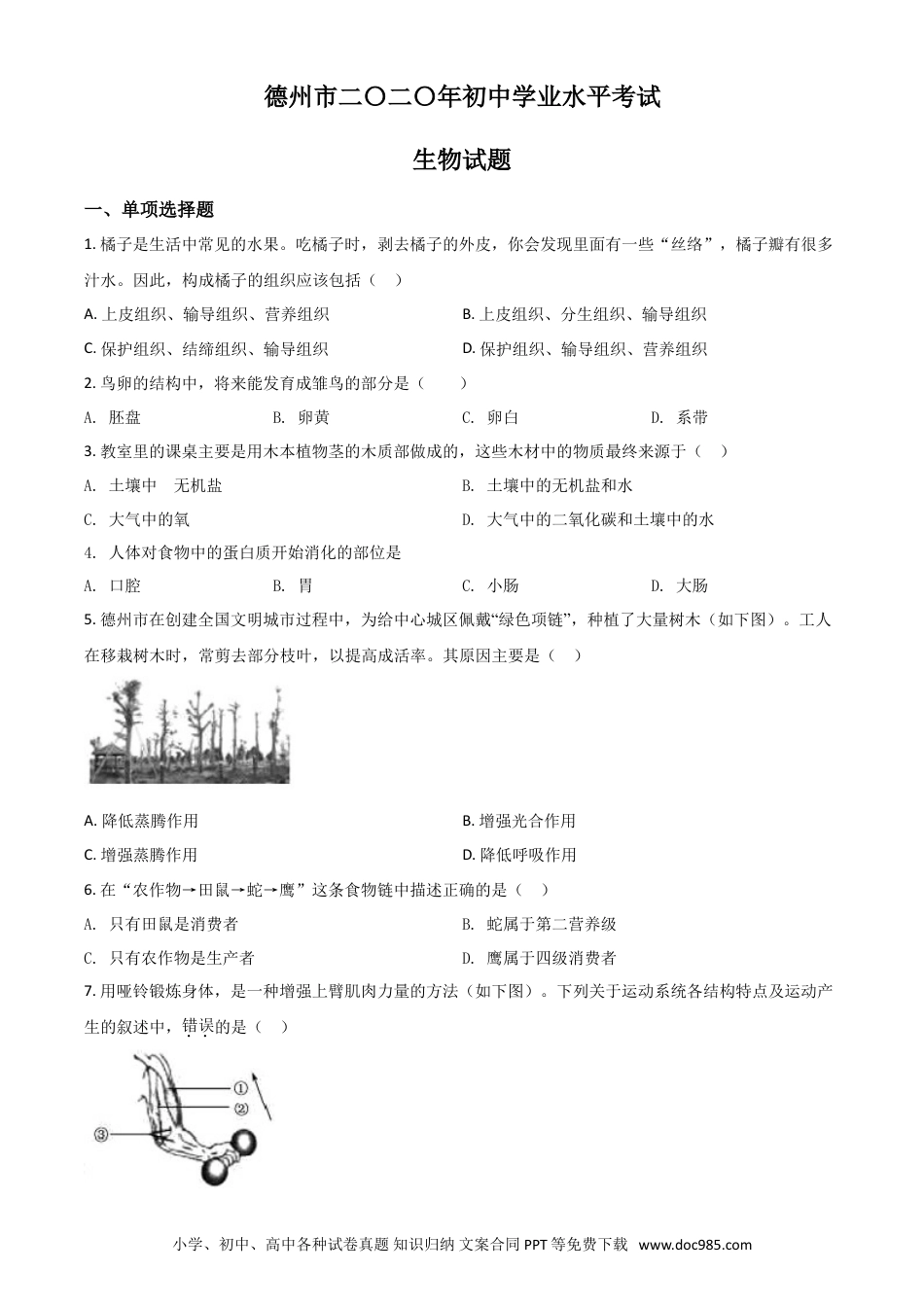 【中考历年真题】精品解析：山东省德州市2020中考生物试题（原卷版）.doc