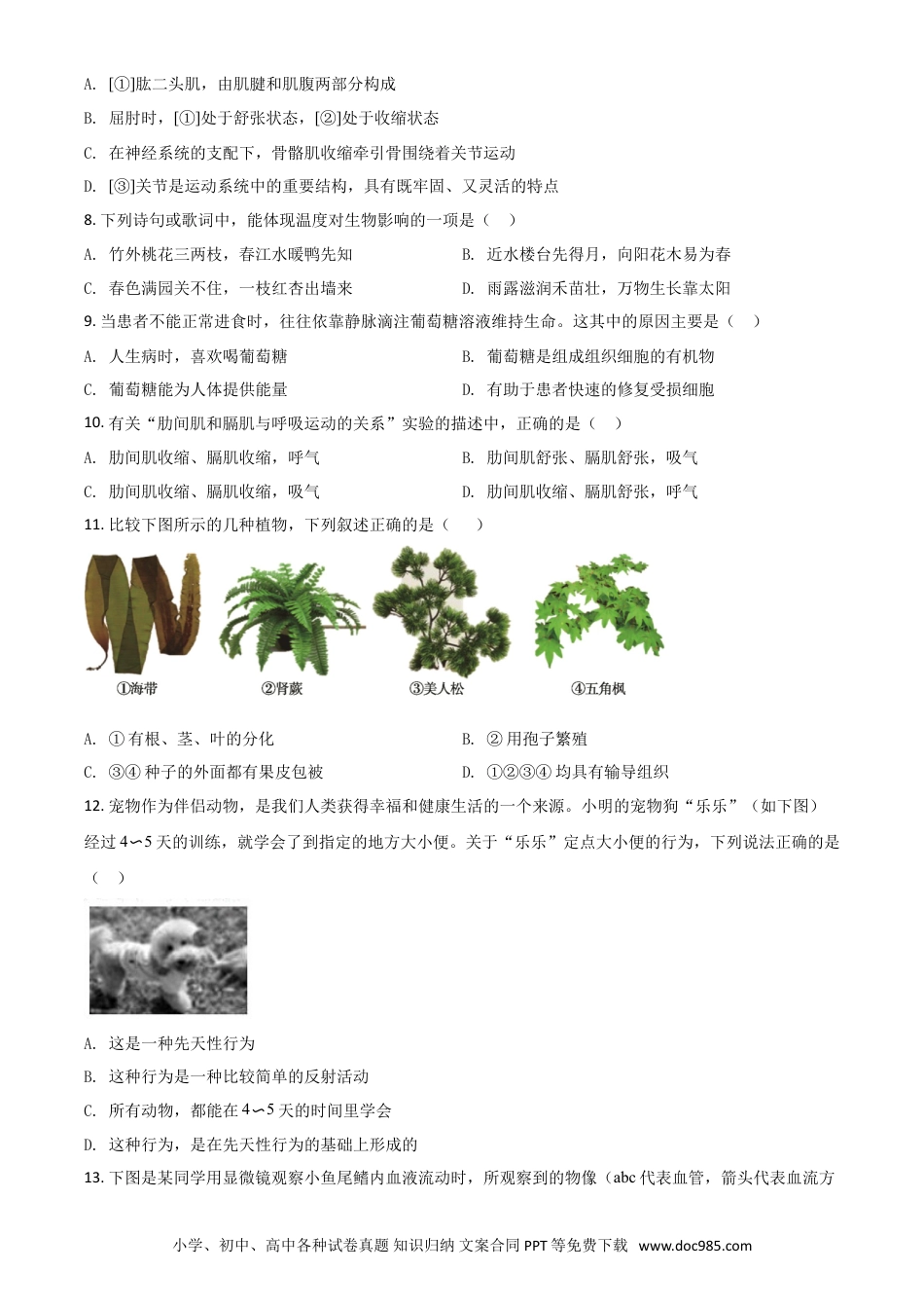【中考历年真题】精品解析：山东省德州市2020中考生物试题（原卷版）.doc