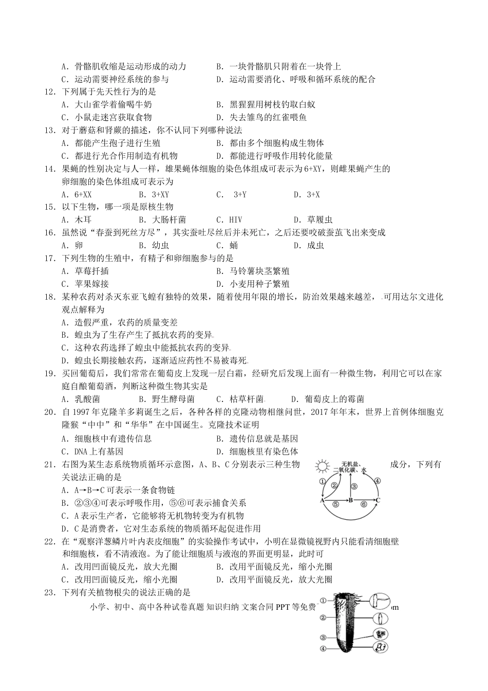 【中考历年真题】2018年湖南省湘潭市中考生物真题及答案.doc