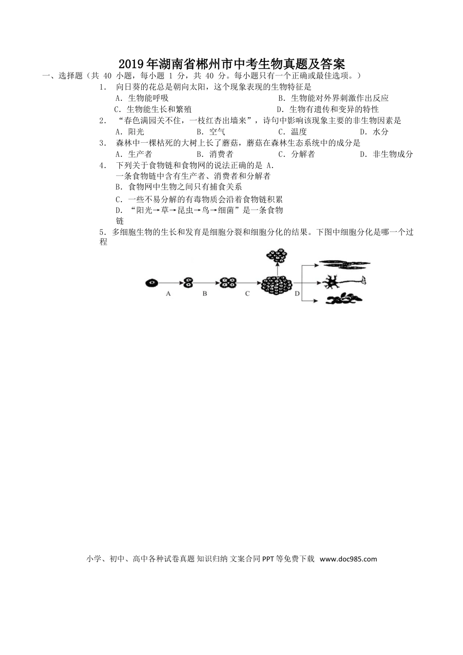 【中考历年真题】2019年湖南省郴州市中考生物真题及答案.doc
