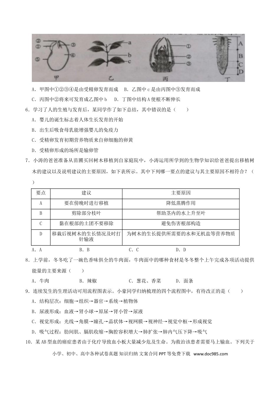 【中考历年真题】2019年湖南省张家界市中考生物真题及答案.doc