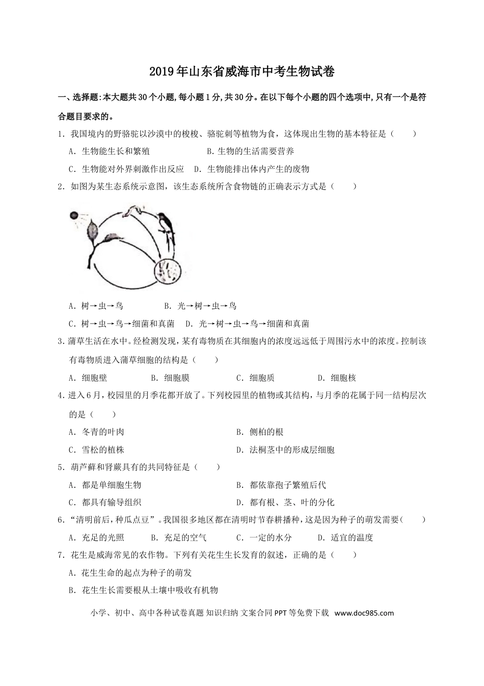 【中考历年真题】2019年威海市中考生物试题及答案.doc