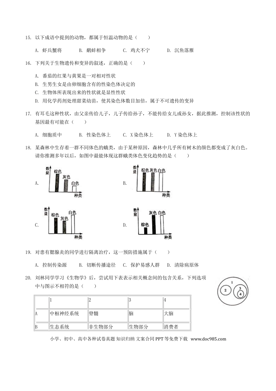 【中考历年真题】2019年湖南省衡阳市中考生物真题及答案.doc