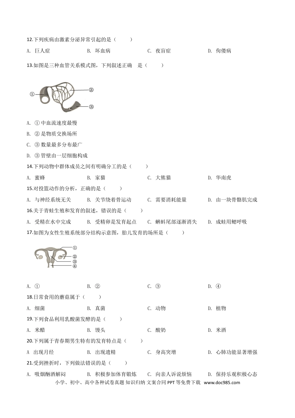 【中考历年真题】精品解析：福建省2019年中考生物试题（原卷版） (1).doc