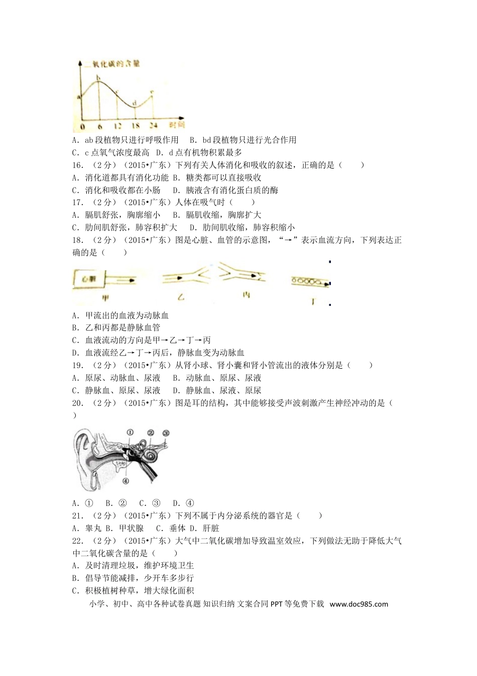 【中考历年真题】2015广东省中考生物真题及答案.doc