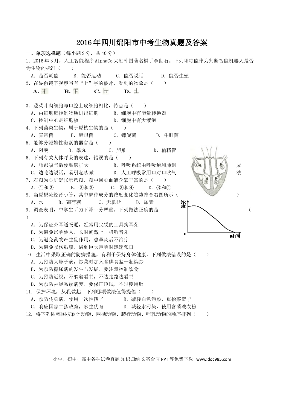 【中考历年真题】2016年四川绵阳市中考生物真题及答案.doc