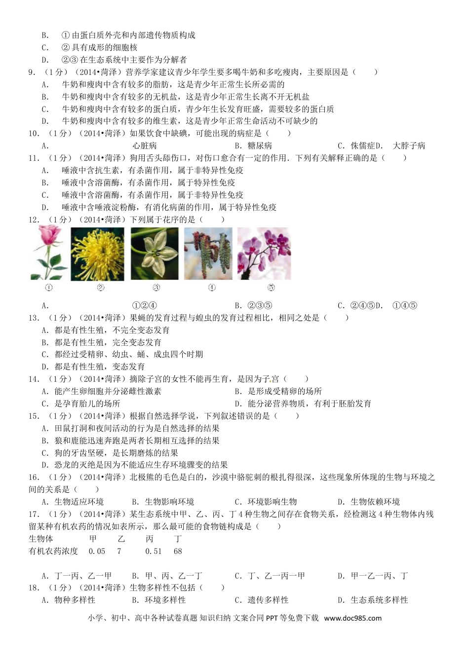 【中考历年真题】2014年菏泽市中考生物试题.doc