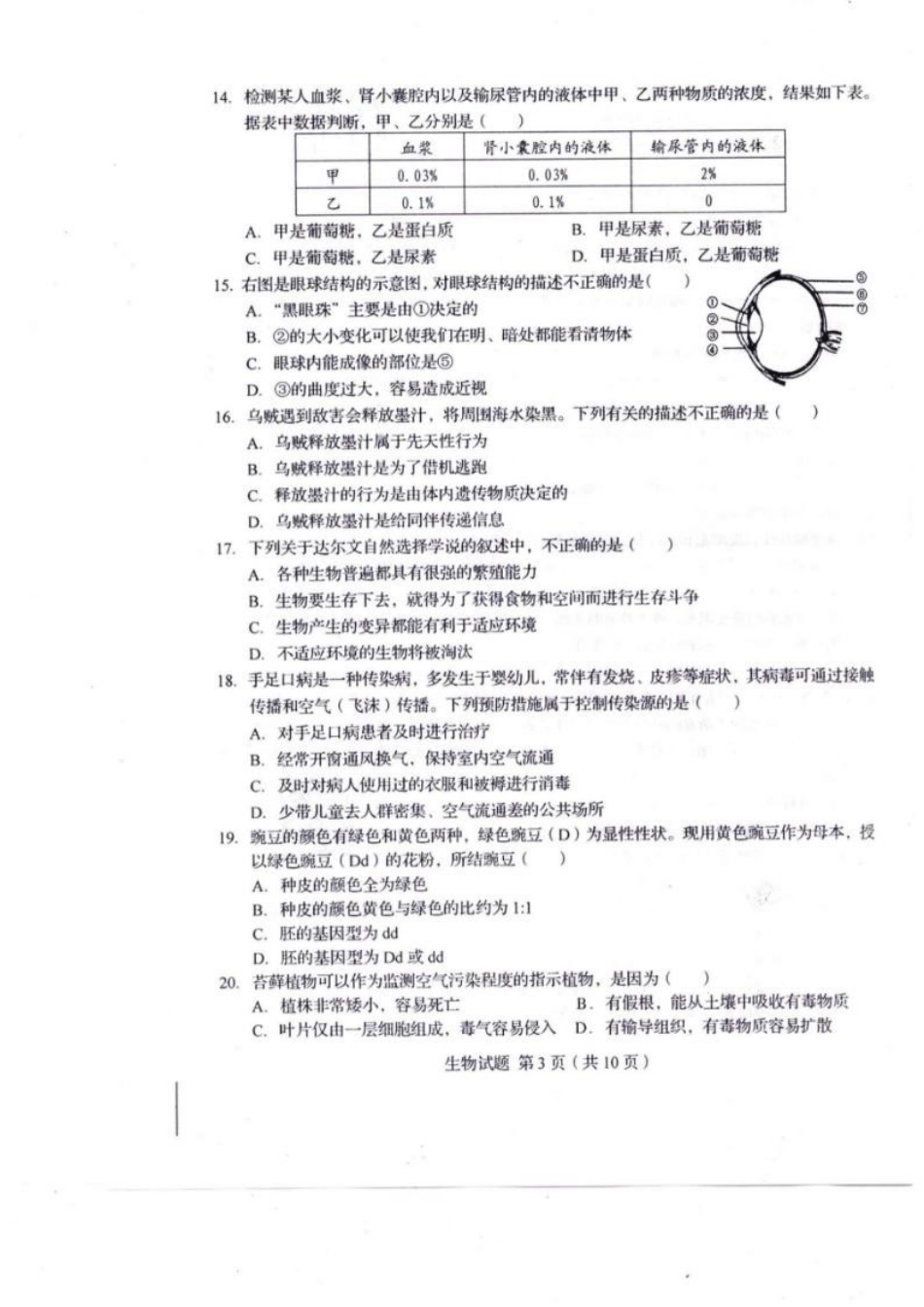 【中考历年真题】2014年山东青岛初中生物学业考试题及答案.doc