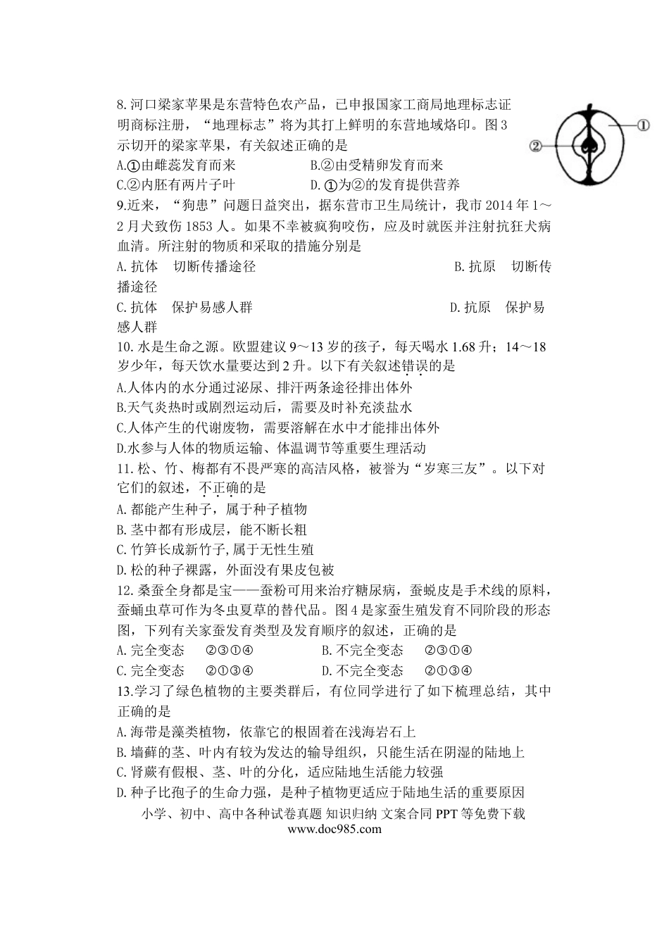 【中考历年真题】2014年山东省东营市中考生物试题(word版含答案).doc