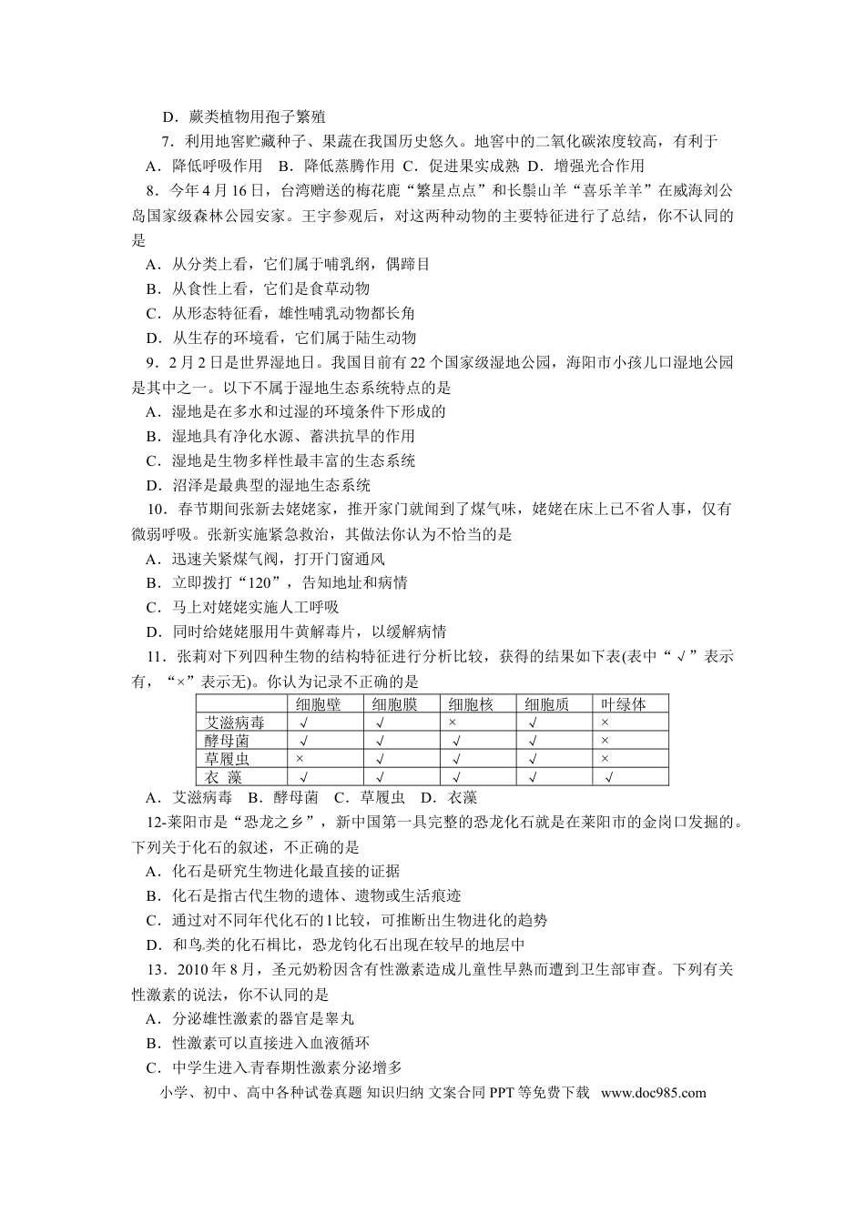 【中考历年真题】2011烟台市中考生物试题及答案(word版).doc